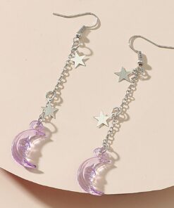 Transparent Moon Silver Stars Earrings Purple