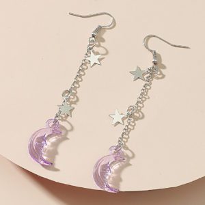Transparent Moon Silver Stars Earrings Purple