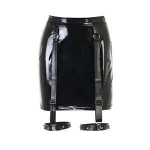 Vegan Leather Mini Skirt with Legs Ring Straps Black Full