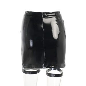 Vegan Leather Mini Skirt with Legs Ring Straps Black Full Back