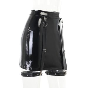 Vegan Leather Mini Skirt with Legs Ring Straps Black Full Side