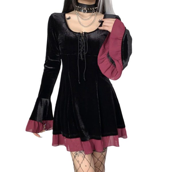 Black Velvet Pink Trim Dress 3