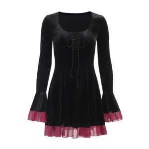 Black Velvet Pink Trim Dress Full Front