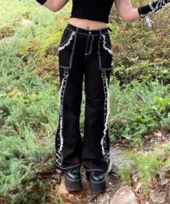 Lace Trim Black Trousers with Bandages 4