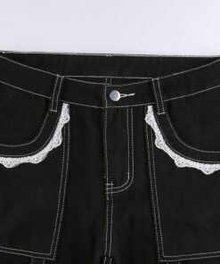 Lace Trim Black Trousers with Bandages Details