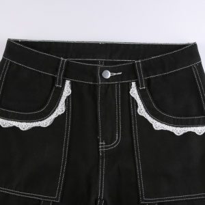 Lace Trim Black Trousers with Bandages Details