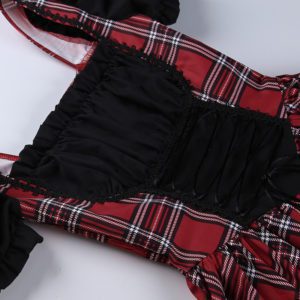 Puff Sleeve Corset Plaid Mini Dress Details 3