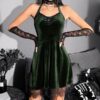 Velvet Lace Trim Halter Mini Dress - Green
