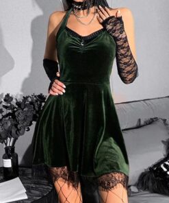 Velvet Lace Trim Halter Mini Dress Green 2 1