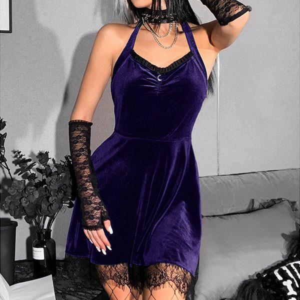 Velvet Lace Trim Halter Mini Dress - Purple