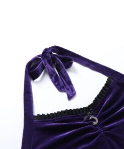 Velvet Lace Trim Halter Mini Dress Purple Details 2