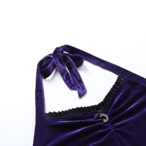 Velvet Lace Trim Halter Mini Dress Purple Details 2
