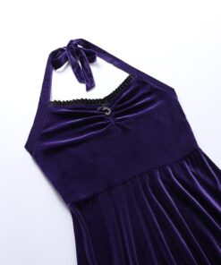 Velvet Lace Trim Halter Mini Dress Purple Details