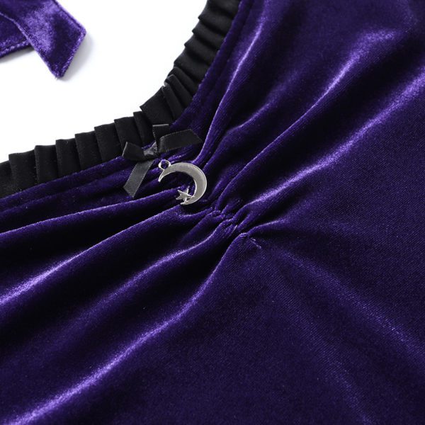 Velvet Lace Trim Halter Mini Dress Purple Details 3