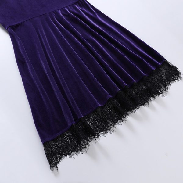 Velvet Lace Trim Halter Mini Dress Purple Details 4