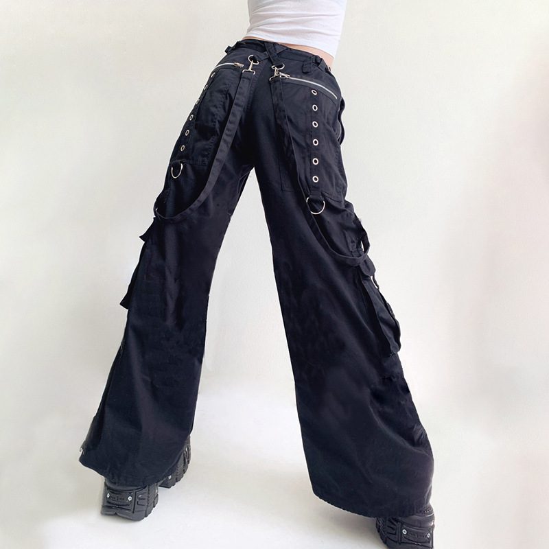 Gothic Black Low Waist Zipper Chains Bell Bottoms Cargo Pants for
