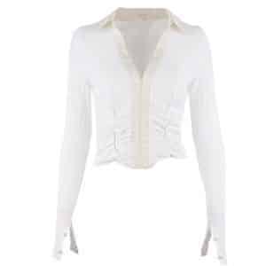 Turn-down Collar White Ruched Crop Top Full Front