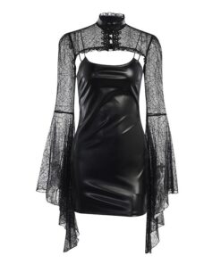 Vegan Leather Dress with Lace Flare Sleeves