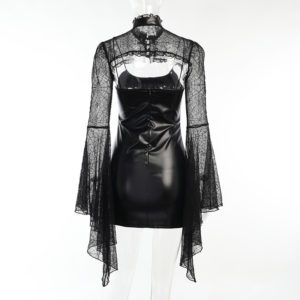 Vegan Leather Dress with Lace Flare Sleeves Full Back