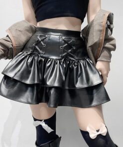 Vegan Leather Pleated Lace-up Mini Skirt