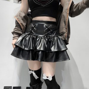 Vegan Leather Pleated Lace up Mini Skirt 3