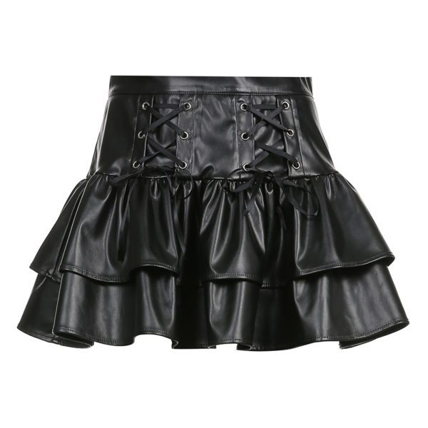 Vegan Leather Pleated Lace-up Mini Skirt Full Front