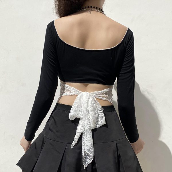 Black Cropped Top with White Lace Patchwork 3