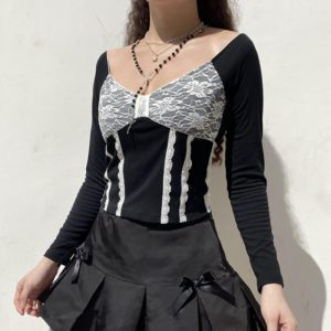 Black Cropped Top with White Lace Patchwork