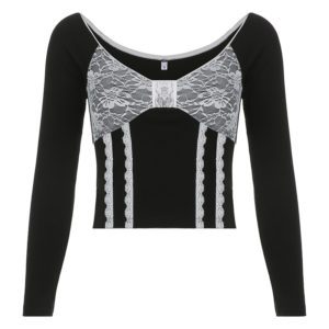 Black Cropped Top with White Lace Patchwork Full Front