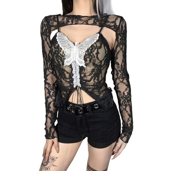 Black Lace White Butterfly Crop Top