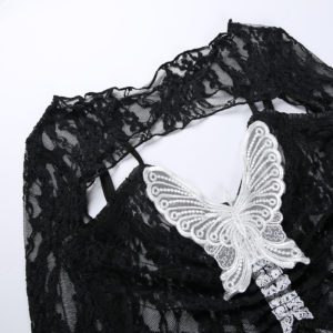 Black Lace White Butterfly Crop Top Details