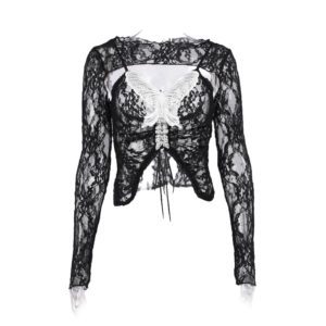 Black Lace White Butterfly Crop Top Full 3