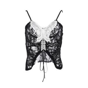 Black Lace White Butterfly Crop Top Full