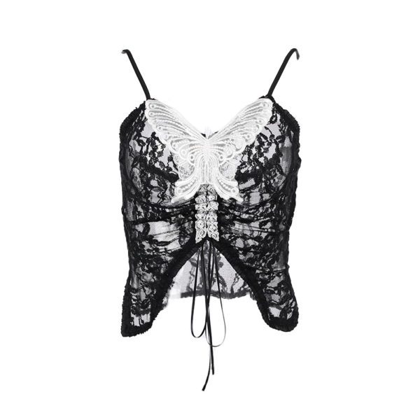 Black Lace White Butterfly Crop Top Full