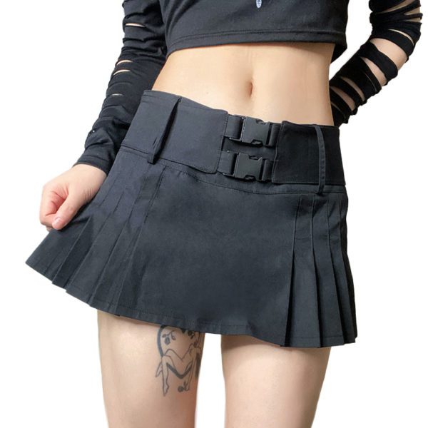Double Buckle Belt Pleated Micro Skirt 2