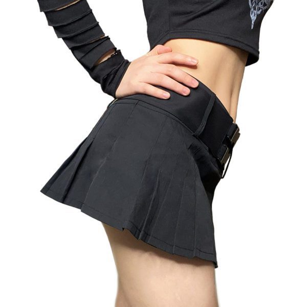 Double Buckle Belt Pleated Micro Skirt 3