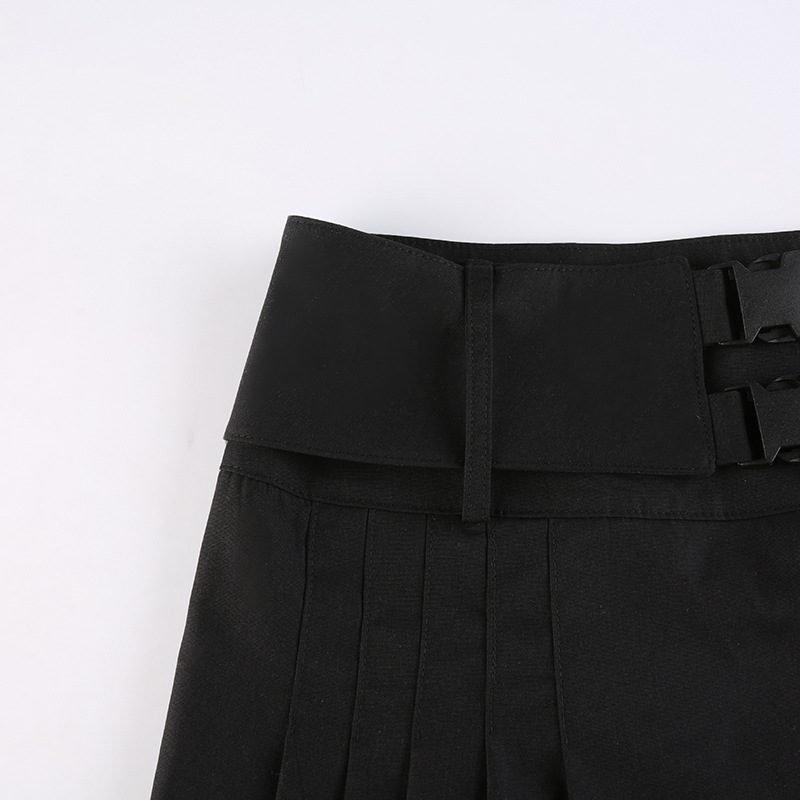 Double Buckle Belt Pleated Micro Skirt - Ninja Cosmico
