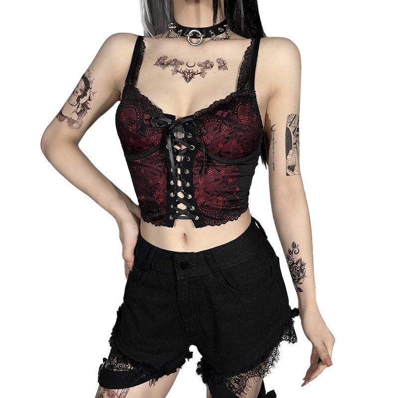 Black Lace Floral Red Camisole