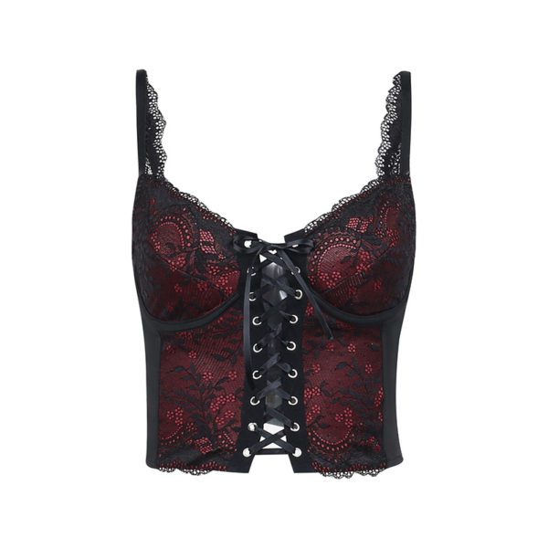 Black Lace Floral Red Camisole Full Front