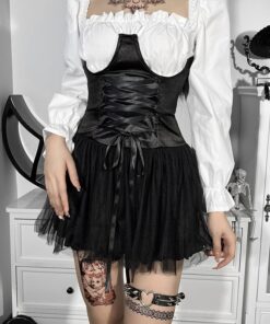 Black Lace-up Corset Mesh Mini Skirt