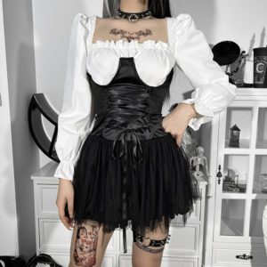 Black Lace up Corset Mesh Mini Skirt 3
