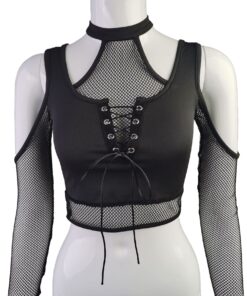 Fishnet Cut Out Black Crop Top Full Front