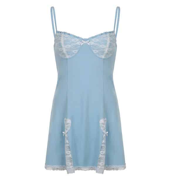Lace Patchwork Mini Dress with Bows Full Blue
