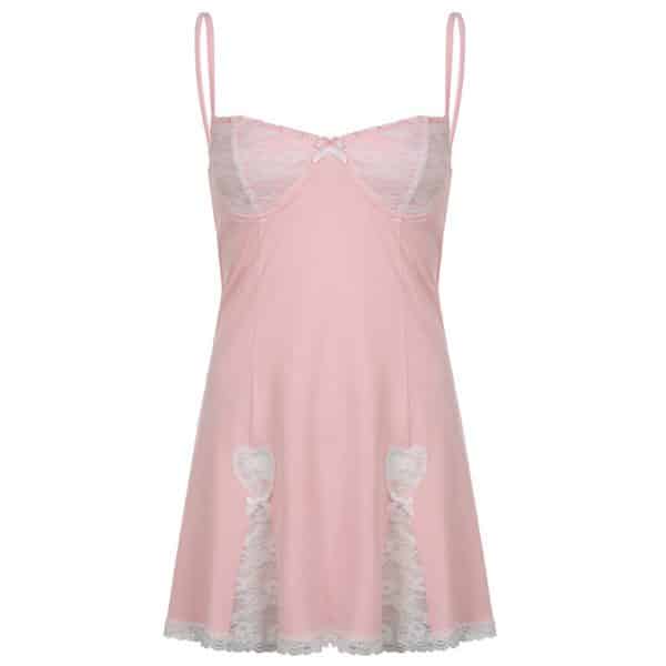 Lace Patchwork Mini Dress with Bows Full Pink