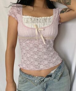 Pink Lace Crop Top with Bow 2