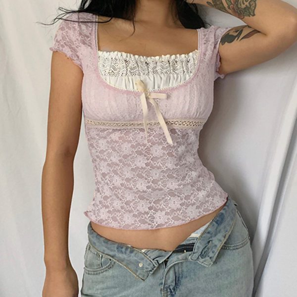Pink Lace Crop Top with Bow 2