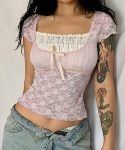 Pink Lace Crop Top with Bow