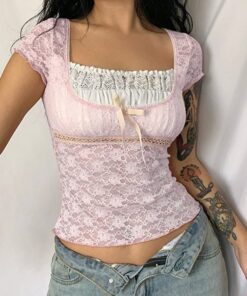 Pink Lace Crop Top with Bow 3