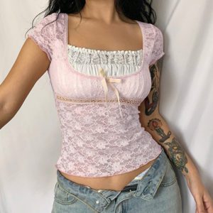 Pink Lace Crop Top with Bow 3