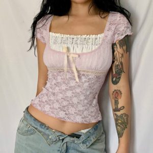 Pink Lace Crop Top with Bow
